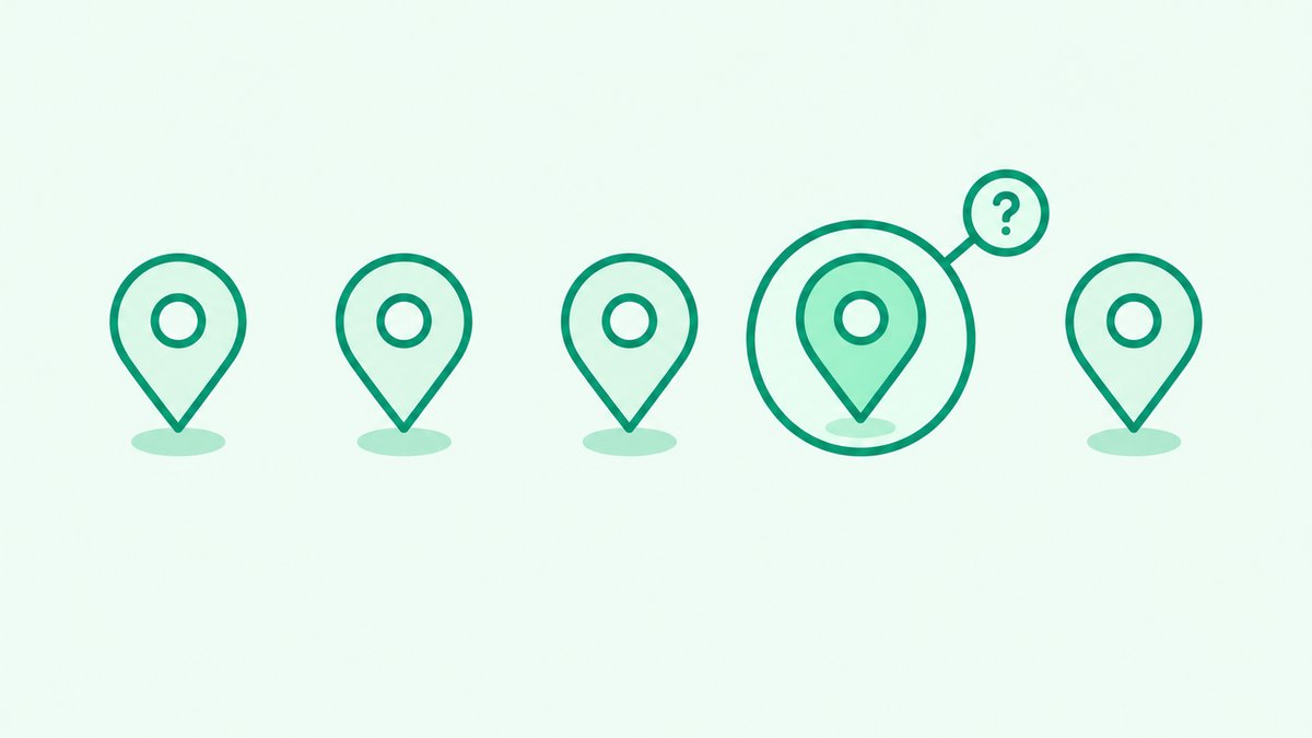 Illustration of a row of five identical event markers with one marker circled in green and a small question mark node beside it rather than a cross