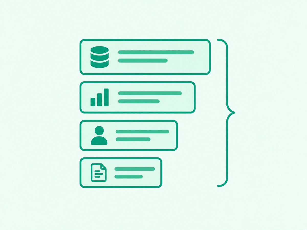 Four stacked data cards of decreasing width, each carrying one icon, with a thin bracket down the side gathering them together