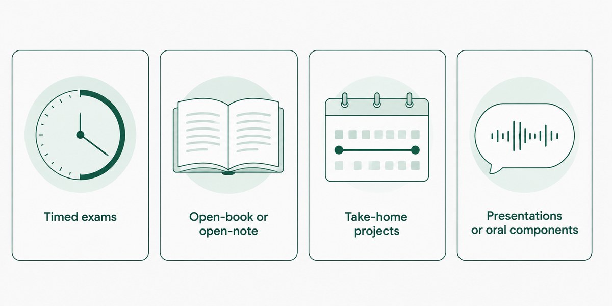 Four format cards: timed exams, open-book or open-note, take-home projects, and presentations or oral components