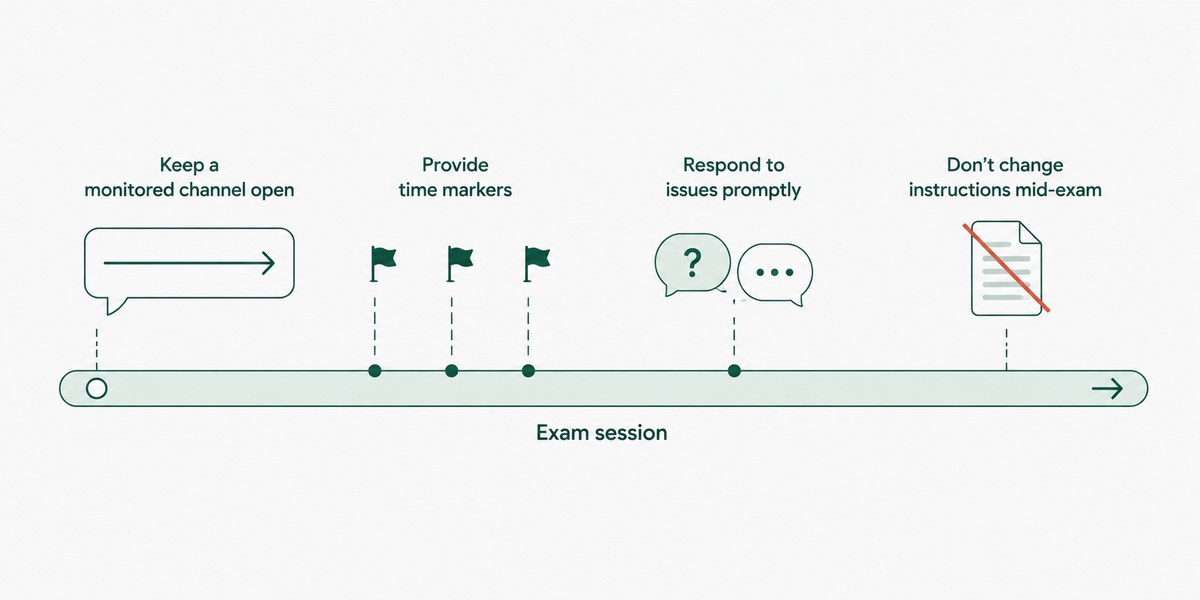 An exam session timeline with four communication marks: keep a monitored channel open, provide time markers, respond to issues promptly, and don't change instructions mid-exam