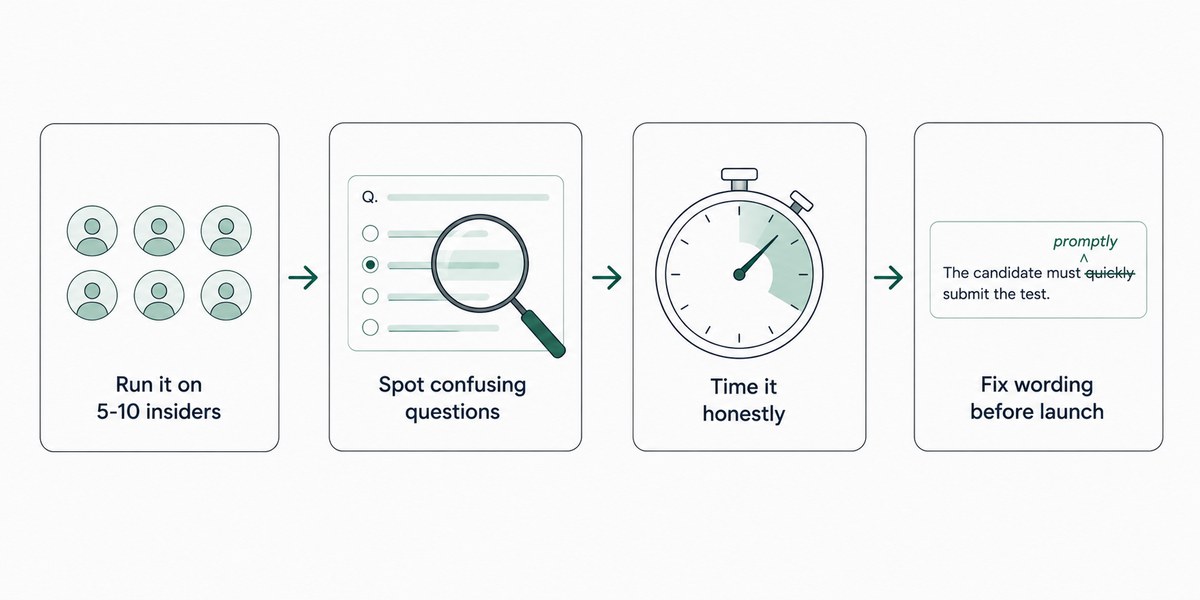 Four steps: run it on five to ten insiders, spot confusing questions, time it honestly, and fix wording before launch