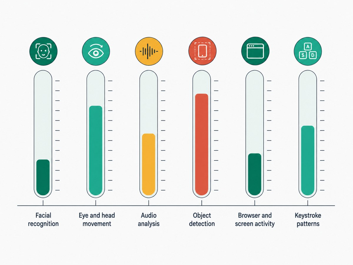 Six vertical level meters, one per signal: facial recognition, eye and head movement, audio analysis, object detection, browser and screen activity, and keystroke patterns