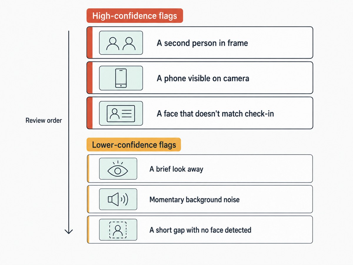 A review queue split into high-confidence flags such as a second person in frame, and lower-confidence flags such as a brief look away, ordered by which gets reviewed first