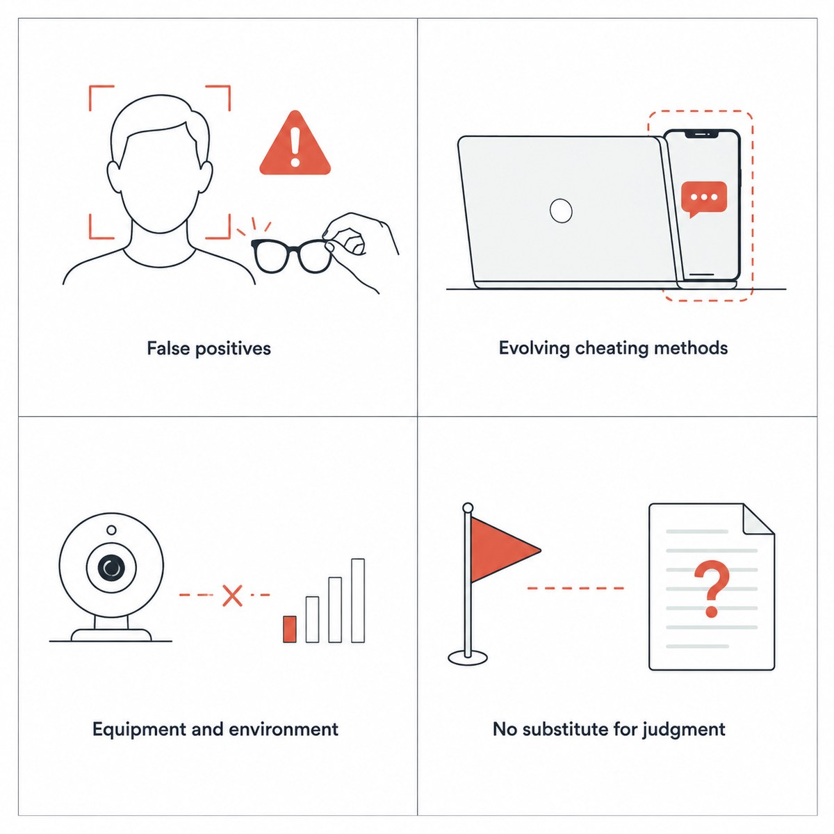 Four panels showing the limits of AI proctoring: false positives, evolving cheating methods, equipment and environment problems, and no substitute for human judgment