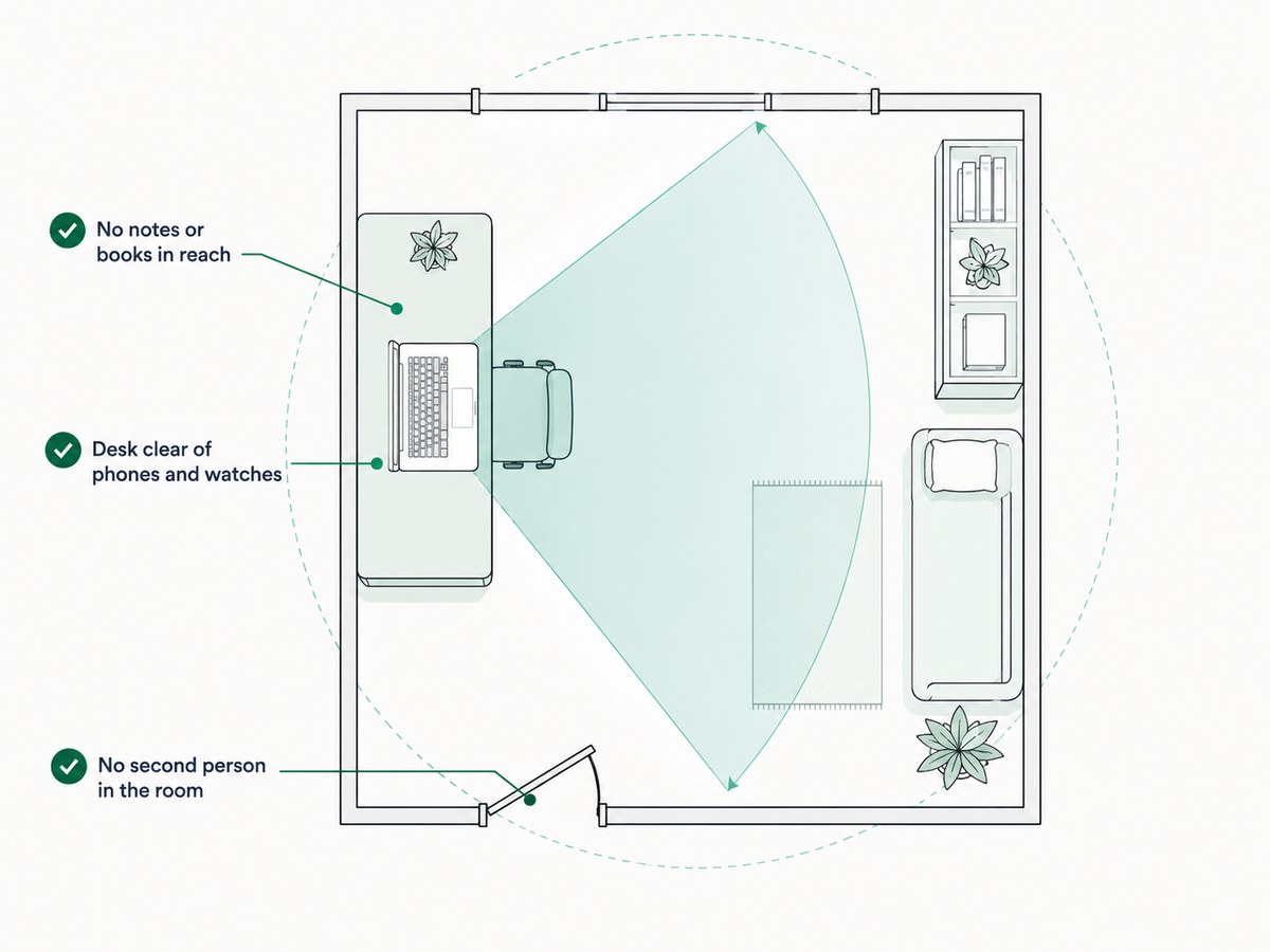 A top-down room plan with a camera sweep arc, marking that no notes are in reach, no second person is present, and the desk is clear of phones and watches