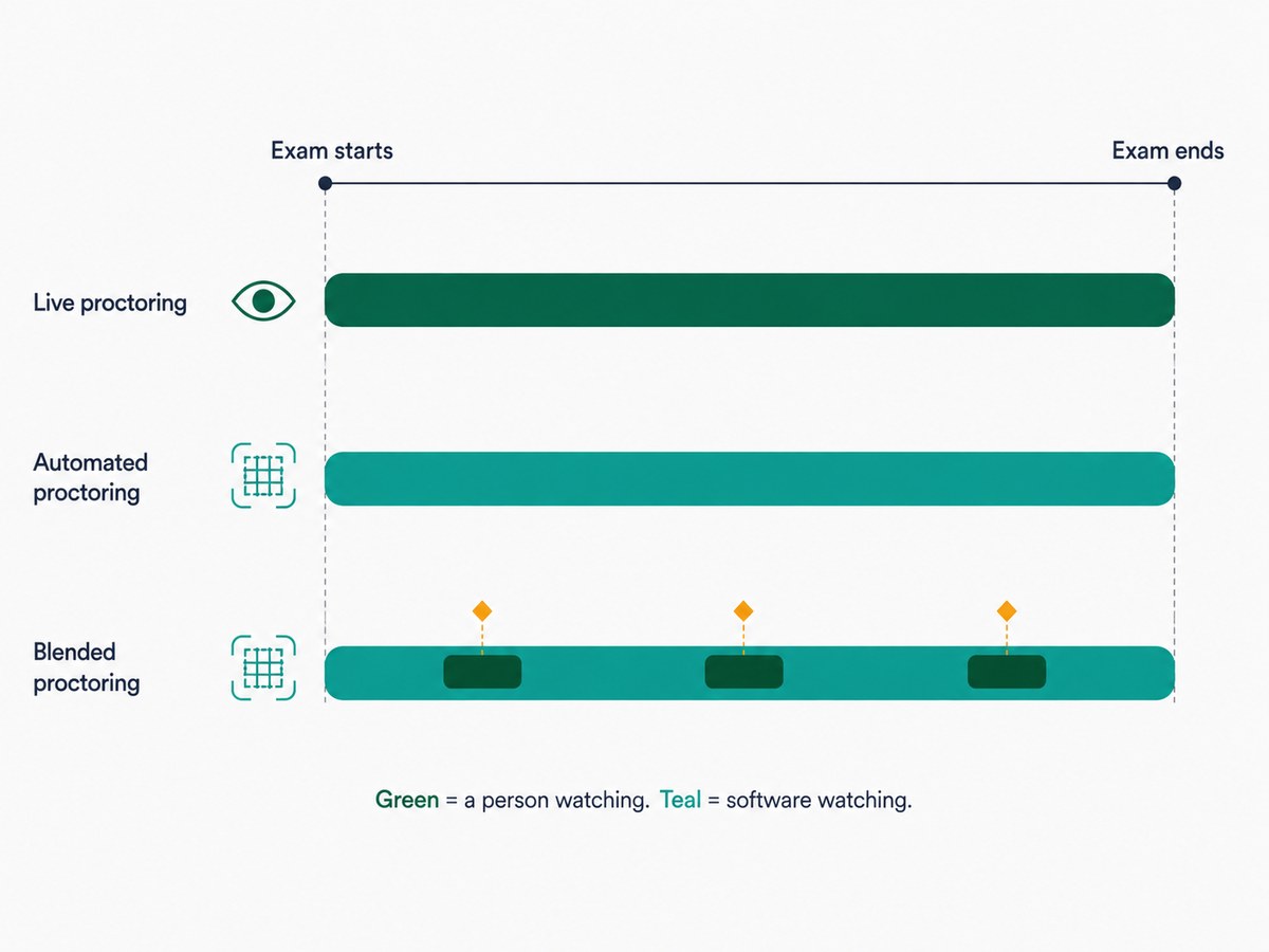 A timeline chart showing three monitoring modes across an exam: live proctoring watched throughout, automated proctoring watched throughout, and blended proctoring where a person steps in at intervals