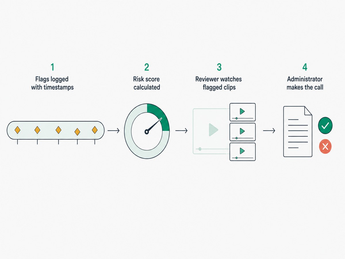 A four-step pipeline: flags logged with timestamps, a risk score calculated, a reviewer watching only the flagged clips, and an administrator making the final call