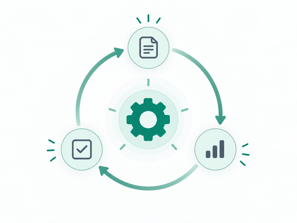 A repeating loop drawn as a circular arrow, with three small task icons sitting on the loop and one gear at its centre