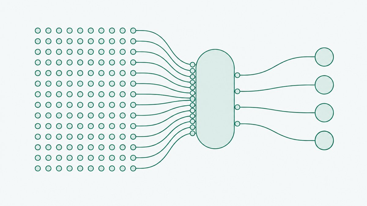 Illustration of a dense grid of many small identical dots feeding through one central rounded gate, emerging on the other side as a short ordered column of larger dots