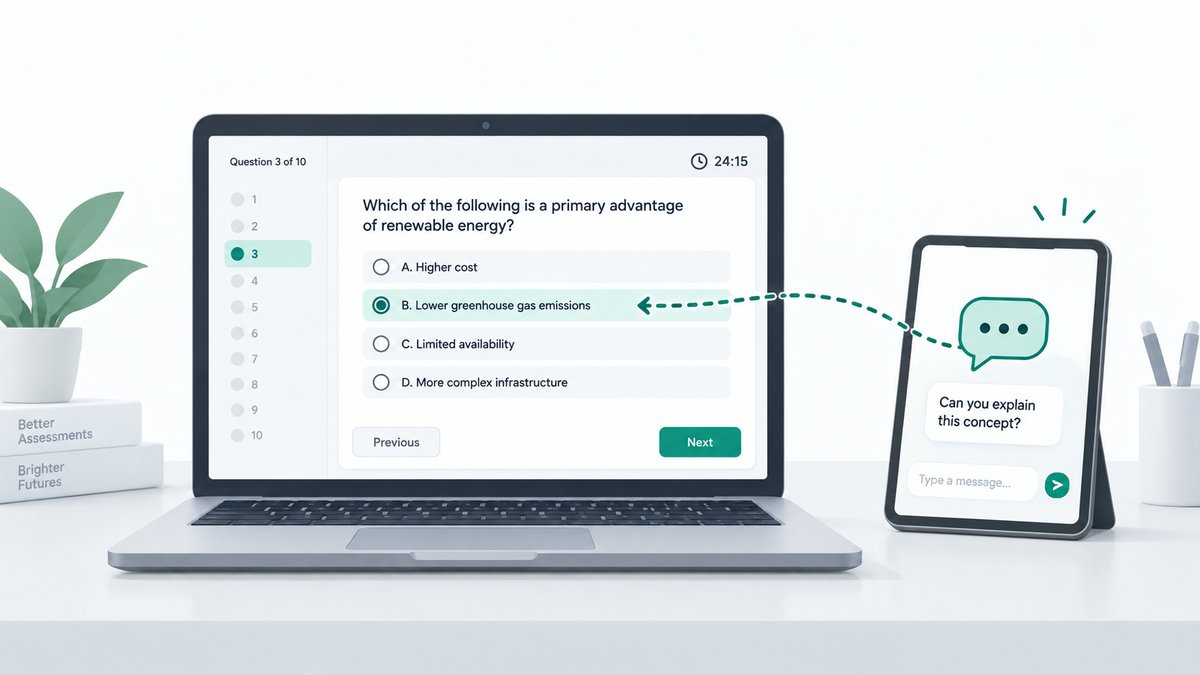 A laptop showing a question, with a second small device beside it holding a chat bubble, a dotted line running from the device back to the laptop's answer box