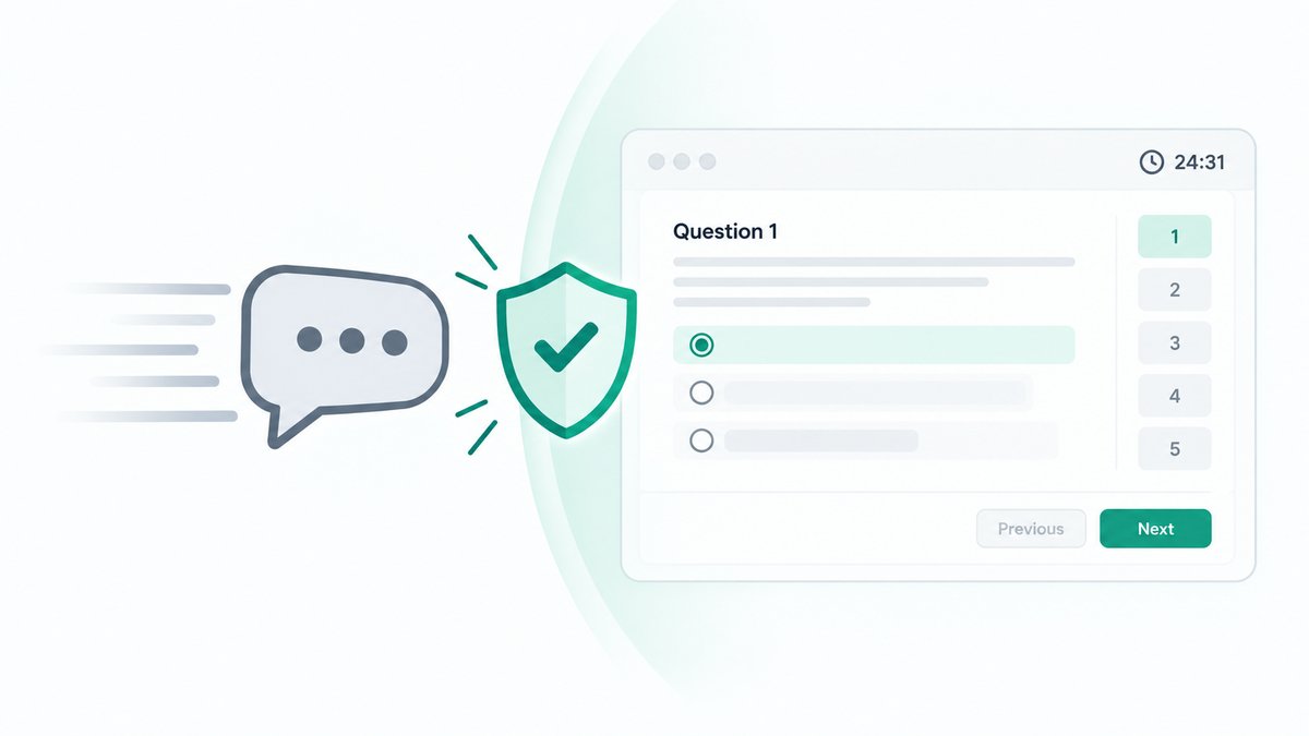 Illustration of a test panel with a chat-bubble icon approaching from outside the frame and meeting a shield at the panel's edge, the shield outlined in green