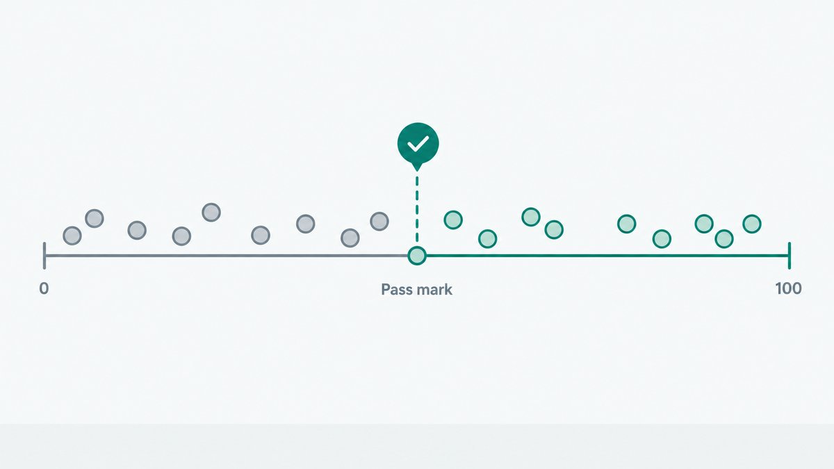 A horizontal score scale with a movable threshold marker on it, dots scattered along the scale, those above the marker outlined in green and those below in grey