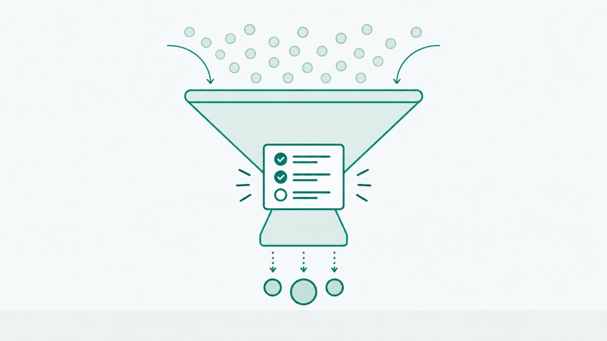 Illustration of a wide funnel with many small dots entering the top and a few larger green-outlined dots leaving the bottom, one horizontal test-sheet icon sitting across the funnel's neck