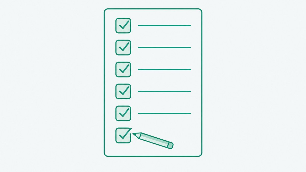 Illustration of a vertical checklist board of six rows with every row ticked, the last tick still being drawn, and a thin border around the whole board