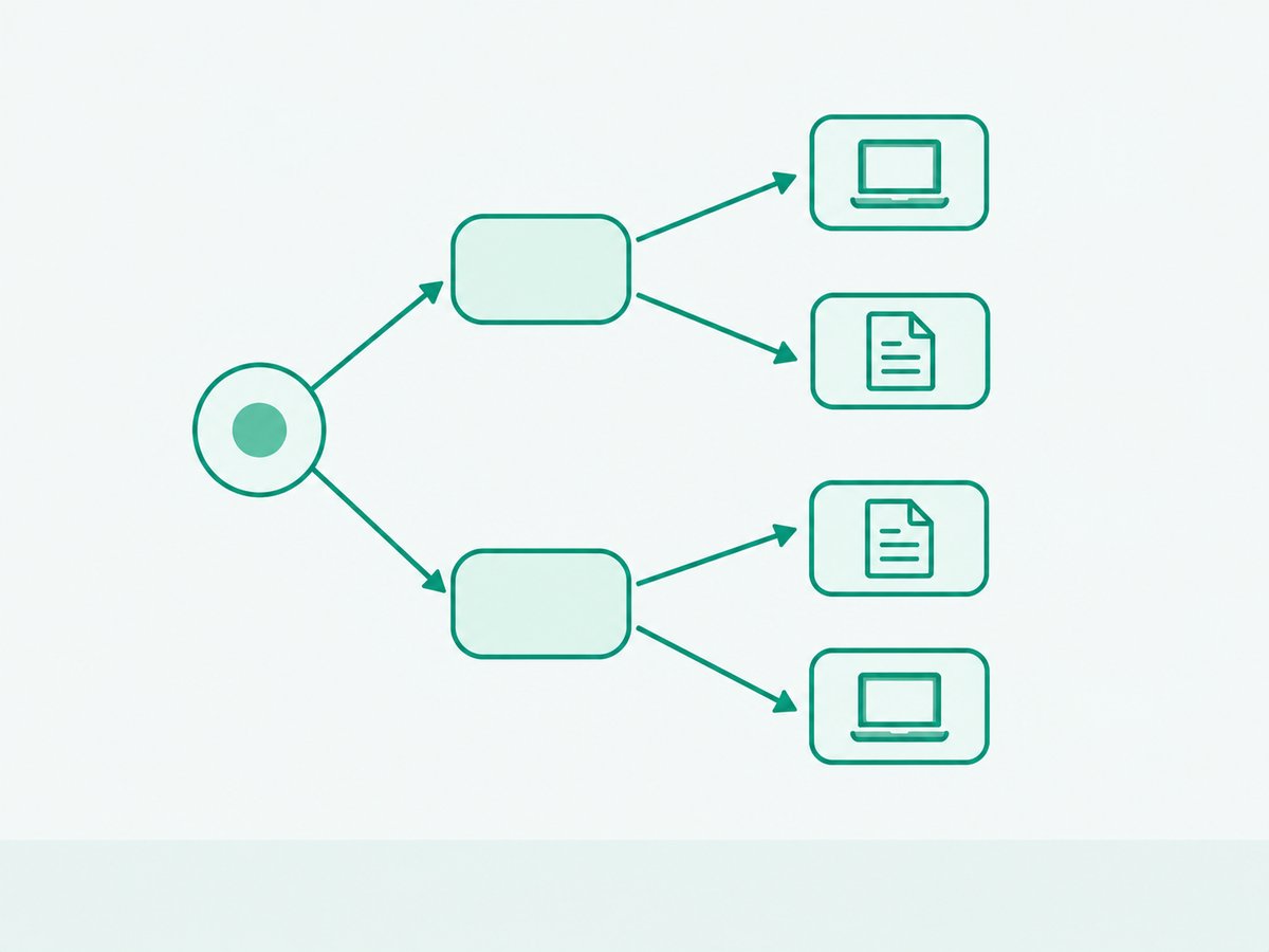 A decision tree with one starting node splitting twice into four end nodes, two ending at a screen icon and two at a paper icon