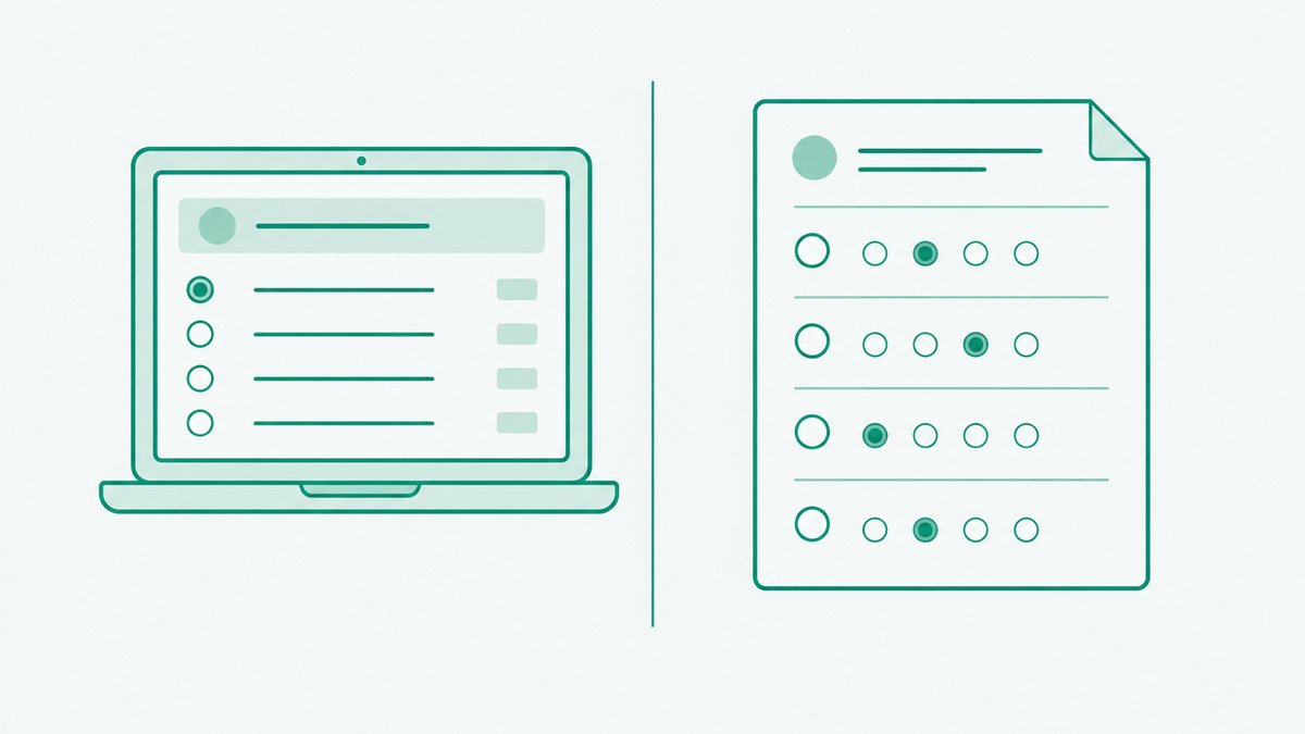 Illustration of a laptop panel and a paper exam sheet placed side by side at equal size, separated by a thin vertical rule, neither one favoured