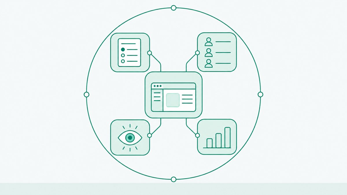 Illustration of one central rounded platform panel with four thin lines running out to smaller panels around it - a question builder, a candidate list, a proctoring eye and a results chart - all inside one thin outer circle