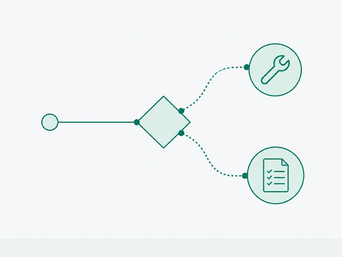 A decision fork: a single path arriving at a diamond and splitting into two routes, one leading to a hands-on task icon and the other to a question-paper icon