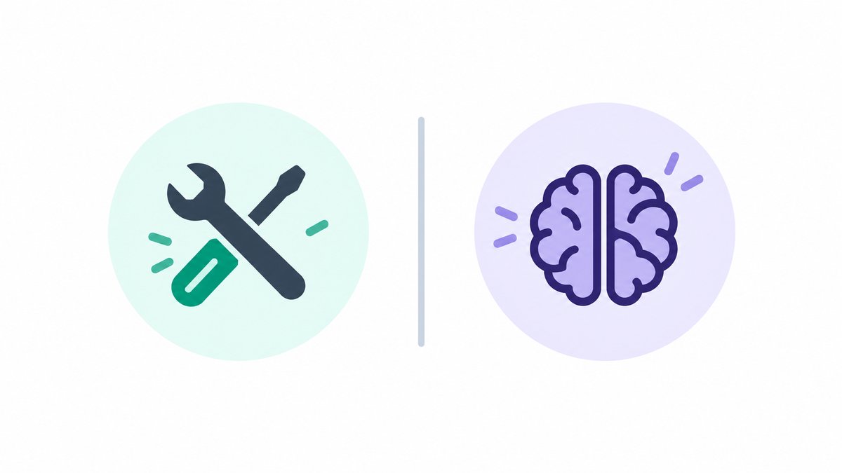 Illustration of a hands-on tool icon and a brain icon placed either side of a thin vertical rule, each inside its own circle, both the same size