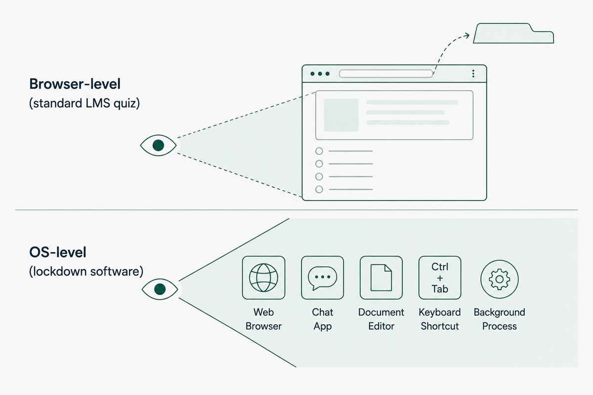 A cutaway comparing a browser-level watcher that sees only inside the quiz window with an OS-level watcher that sees other applications, keyboard shortcuts and background processes