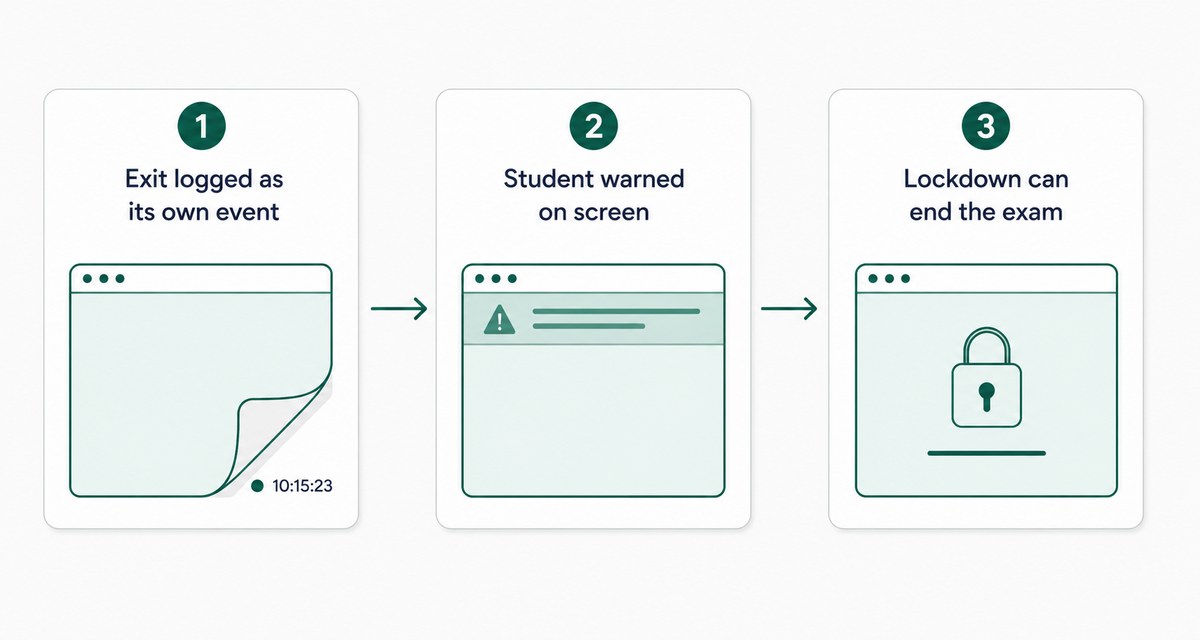 Three steps: exiting full screen logged as its own event, the student warned on screen, and lockdown ending the exam