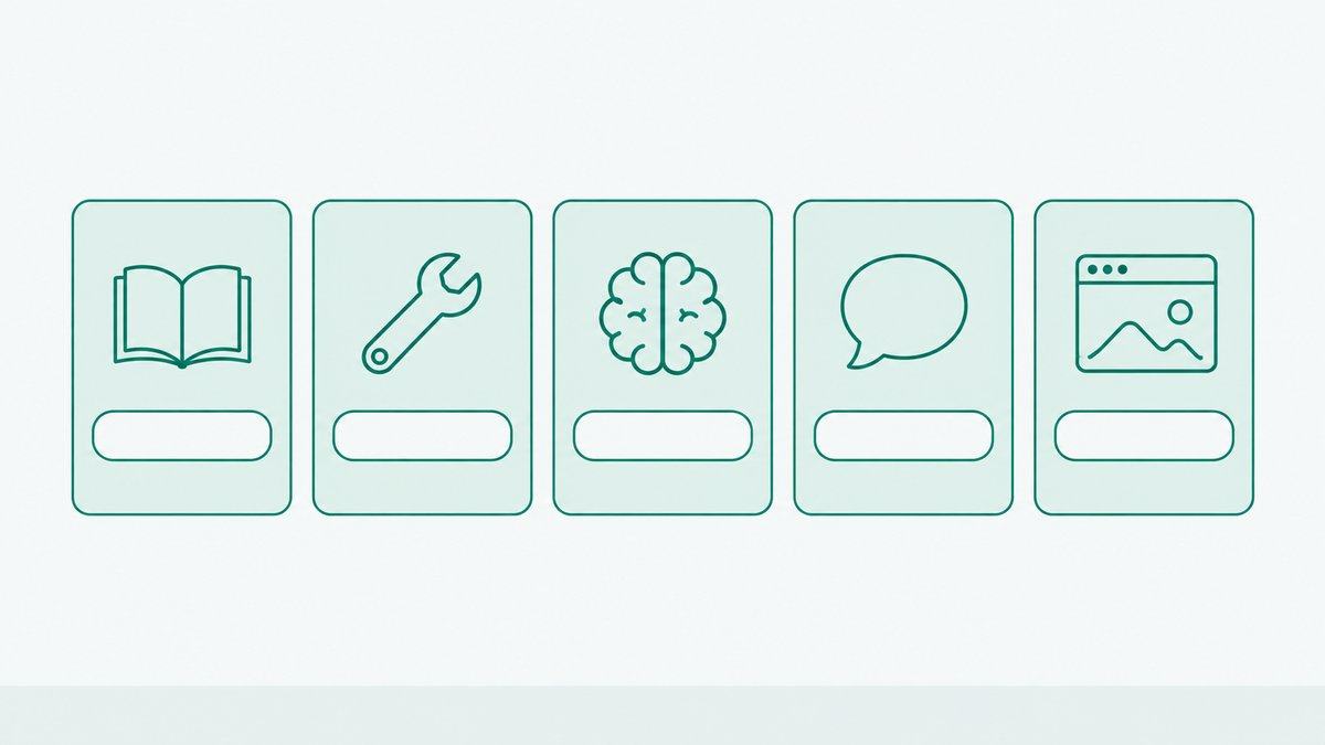 A five-column row of cards, each with one icon at the top - a book, a wrench, a brain, a speech bubble and a simulation window - and an empty band beneath for the reader's eye to run along