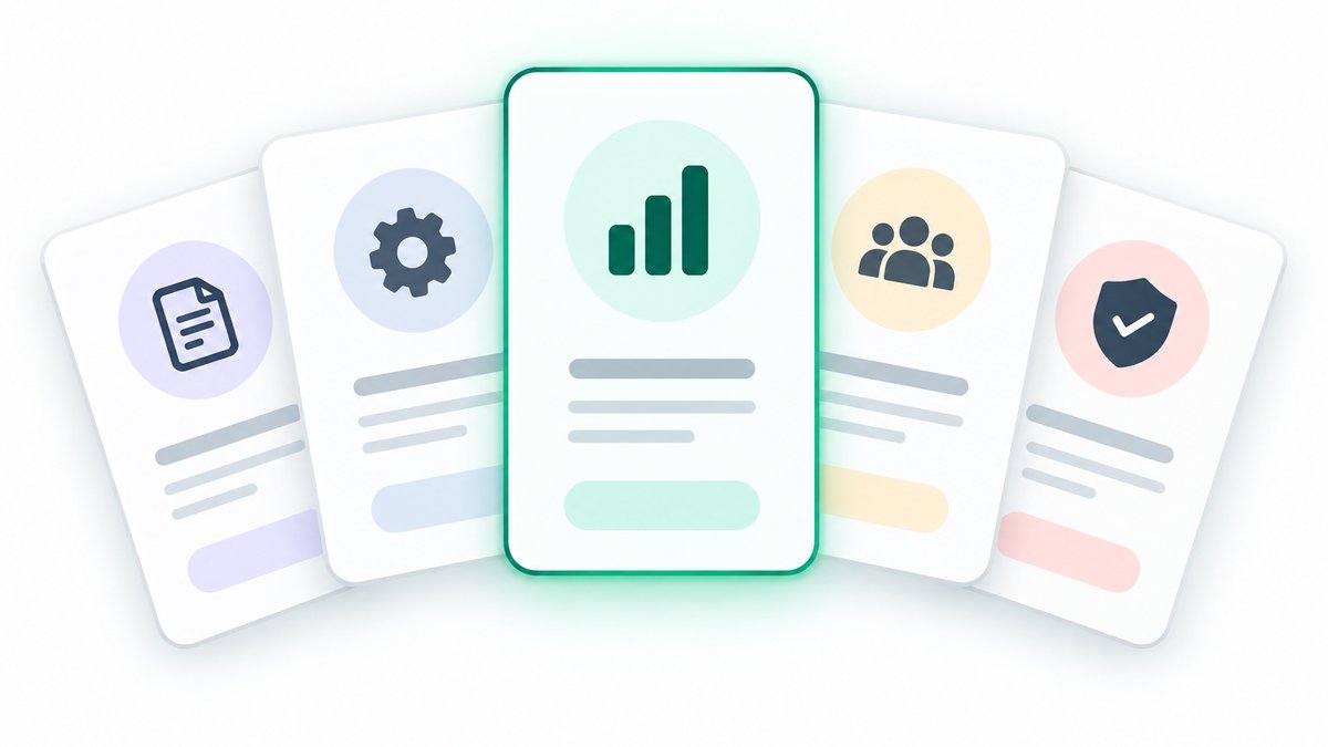 Illustration of five distinct card shapes fanned out like a hand of cards, each carrying a different simple icon, the middle card lifted and outlined in green