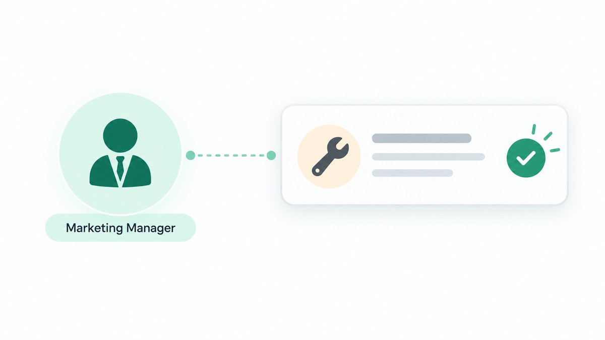 Illustration of a job role icon on the left connected by a short dotted line to a task card on the right, the task card holding a small tool icon and a tick