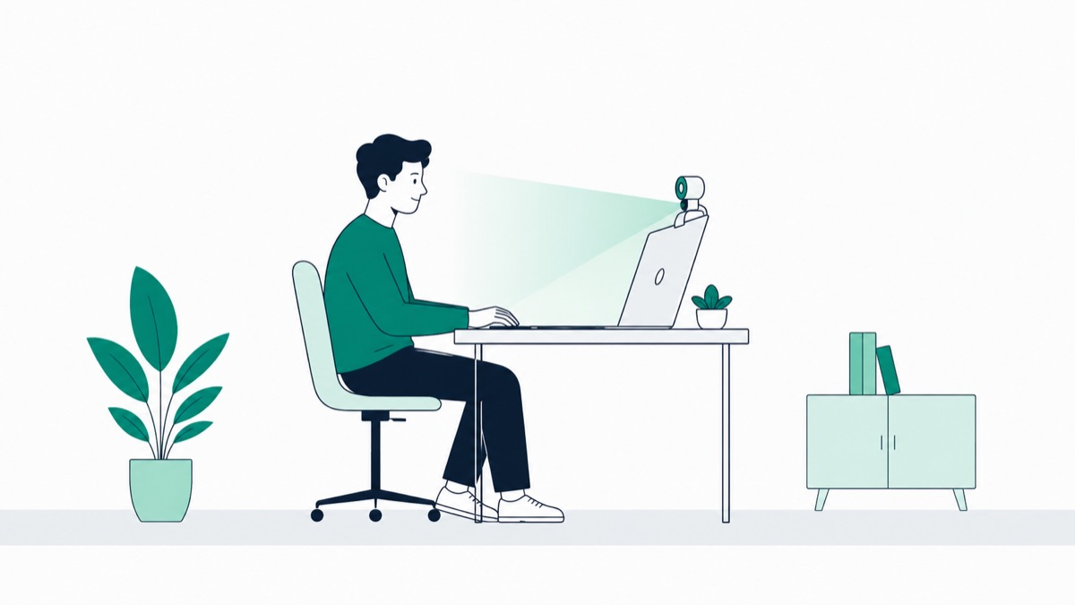 Illustration of a candidate at a desk taking a proctored exam on a laptop with a webcam watching
