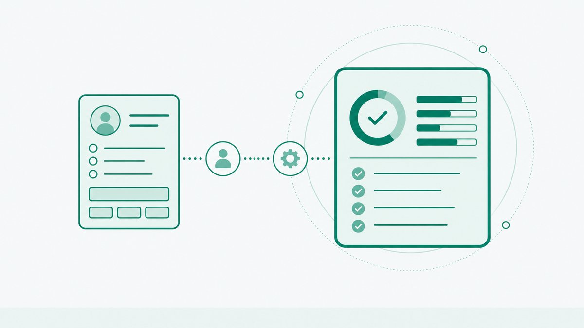 Illustration of a single job application form on the left joined by a dotted line to a scored test sheet on the right, the test sheet larger and outlined in green to show which one carries the weight